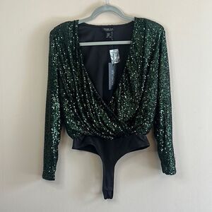 NWT Rachel Zoe Green Sequin Wrap Top Bodysuit - Size XS